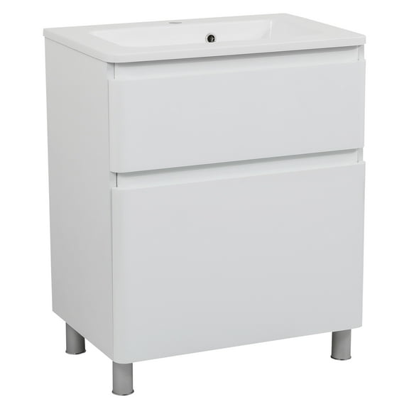 Modern Free Standing Bathroom Vanity with Washbasin | Comfort White High Gloss Collection | Non-Toxic Fire-Resistant MDF-24"-No Mirror
