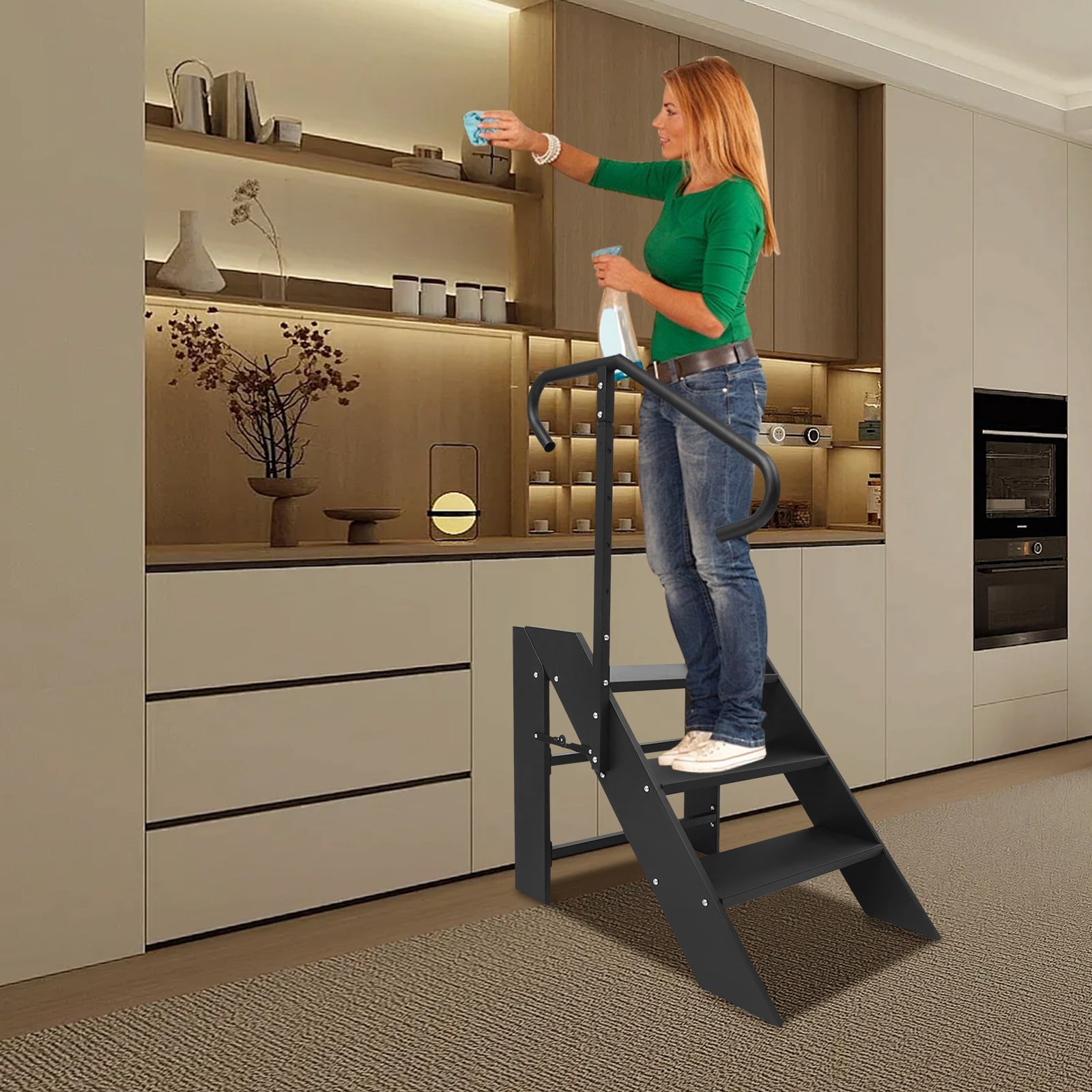 458 Ladder Modern Free Standing Black Step Ladder Foldable 3 Steps Ladder w ...