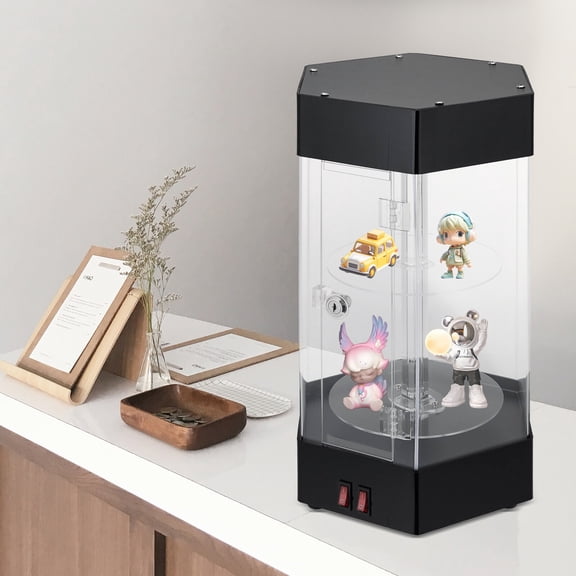 Modern Free Standing Hexagonal Display Case Electric Rotating Clear Display Case W/ 2 LED Lighting