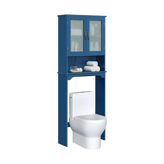 Modern Free-Standing Over-The-Toilet Storage with 2-Door Tempered Glass Cabinet and 1 Open Shelf, Space-Saving for Bathroom, Dorm, Home, Indoor, Blue