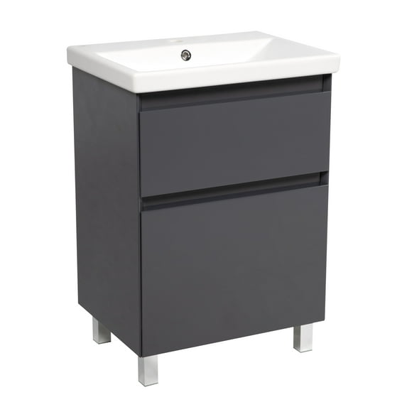 Modern Free standing Bathroom Vanity with Washbasin | Elit Graphite Gloss Collection | Non-Toxic Fire-Resistant MDF-64" (32+32)-Omega Collection 24"