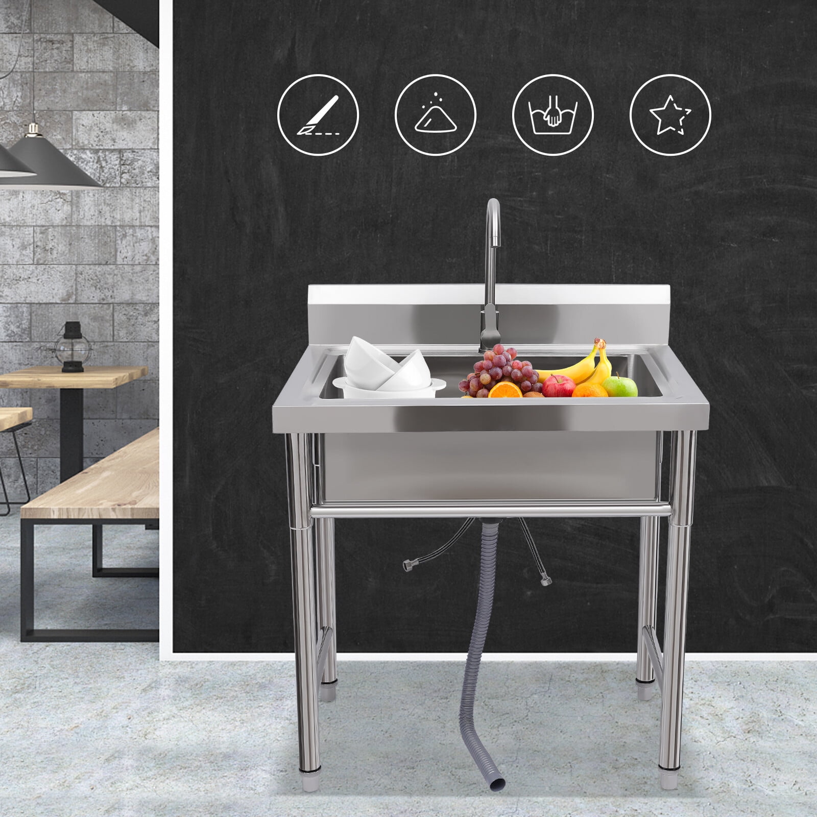 Modern Free-standing Silver Commercial Utility Prep Sink Stainless Steel 1 Compartment w/Basins Backsplash
