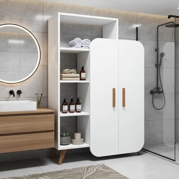 Modern Freestanding Bathroom Storage Cabinet, 35.4'' W x 52.0'' H Linen Tower with 2 Rounded Doors and Multi-Tier Open Shelves, White Floor Storage Organizer for Bathroom, Entryway, Living Room