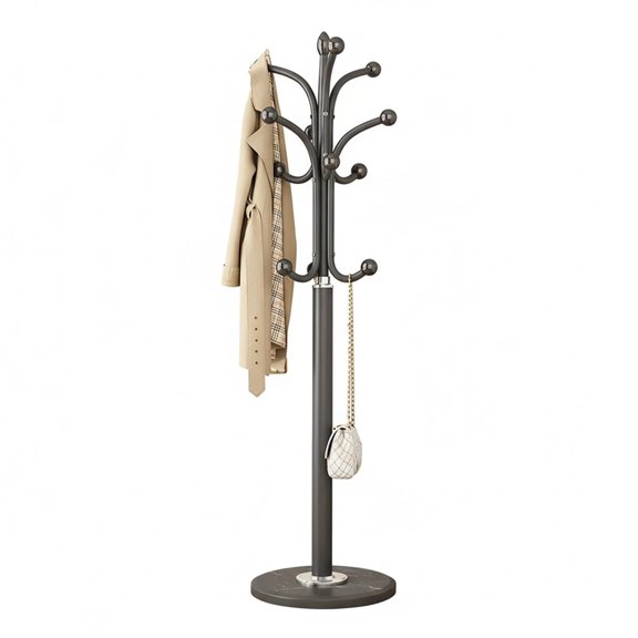 Modern Freestanding Coat Rack With Marble Base, Black Metal Finish
