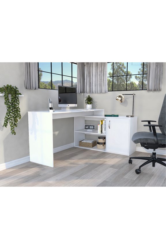 Modern Freestanding Desk - 59" Work Area for Multiple Devices - Office Use - L-Shape Design