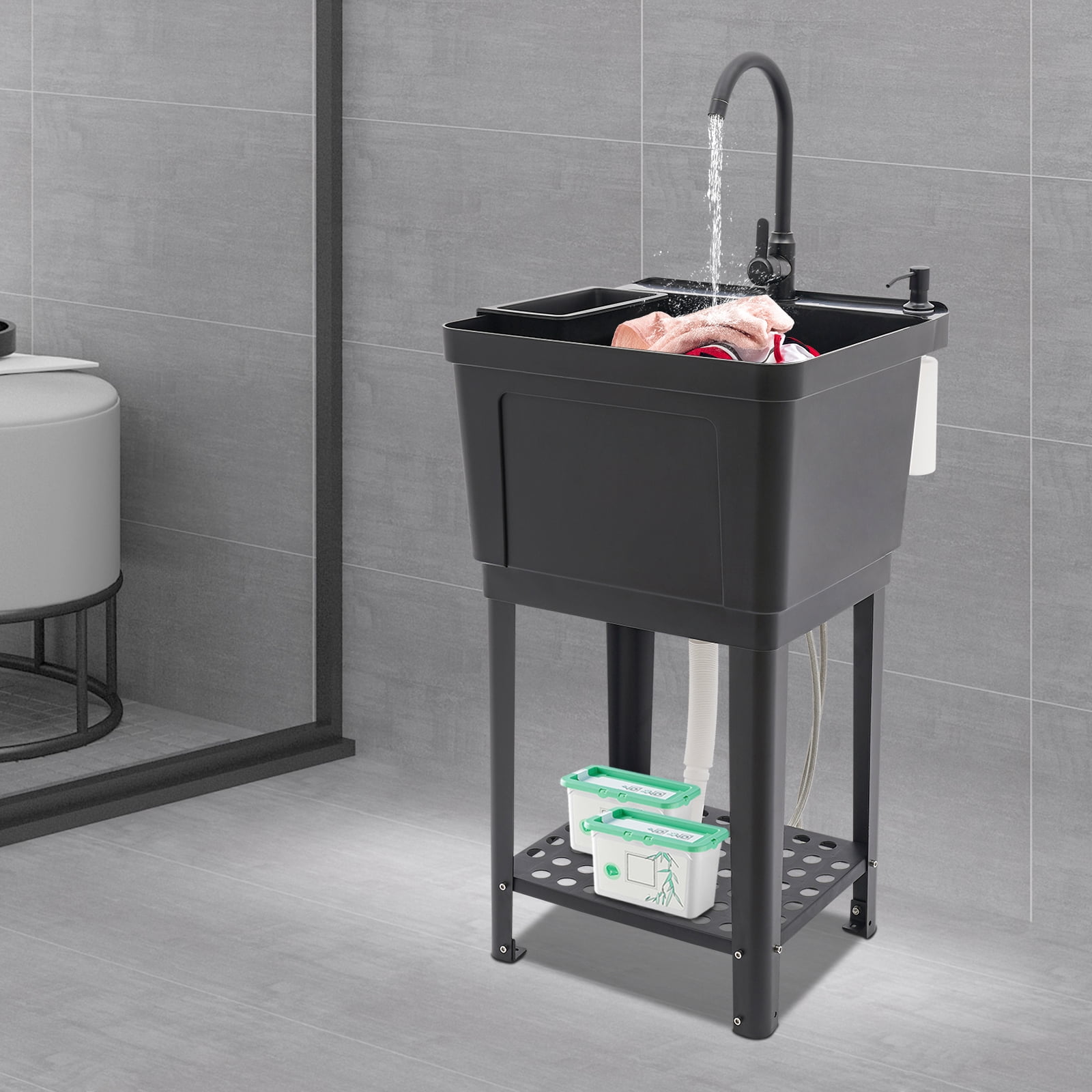 Modern Freestanding Sink, Black Laundry Sink, Square Utility Sink for Laundry, Bathrooms, Sundry Rooms, Garages, Basements, Balconies, Courtyards, Gardens