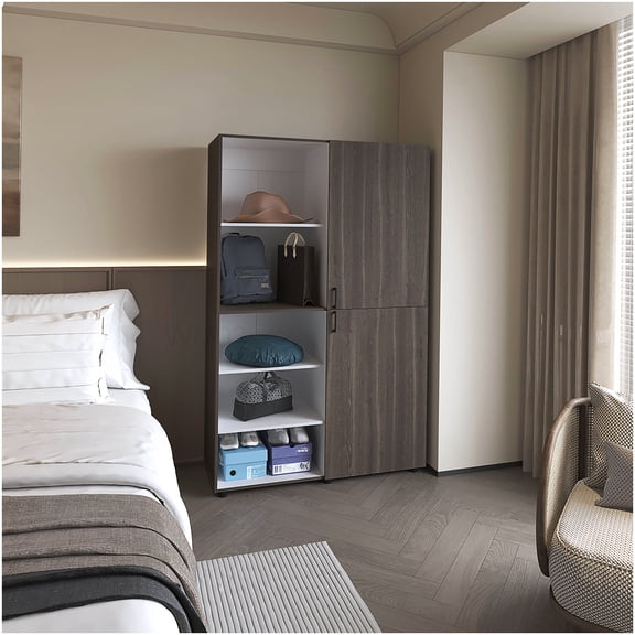 Modern Freestanding Wardrobe with Doors, Grey Walnut Particle Board Storage Cabinet