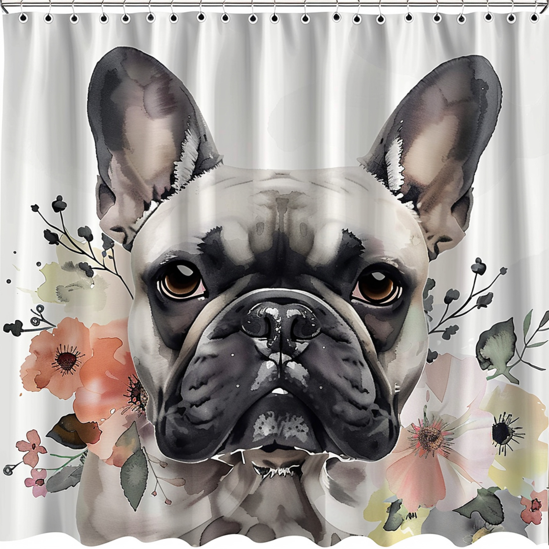 Modern French Bulldog Shower Curtain with Pastel Flowers Watercolor