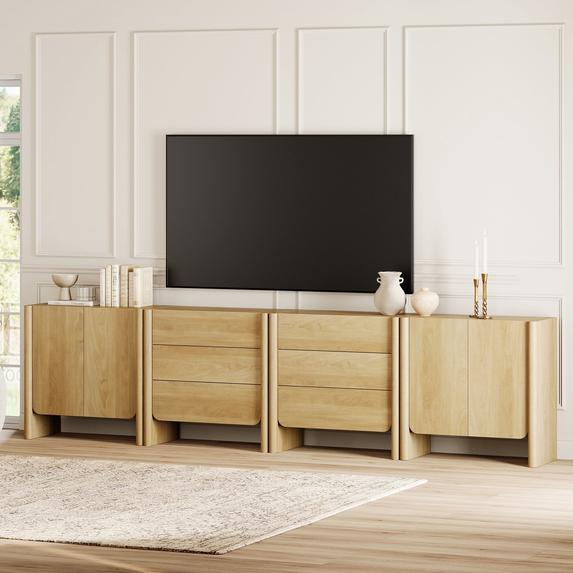 Modern French TV Stand, 126-Inch 4-Piece Media Console with 4 Doors and 6 Drawers, Supports TVs up to 130 Inches, Oak