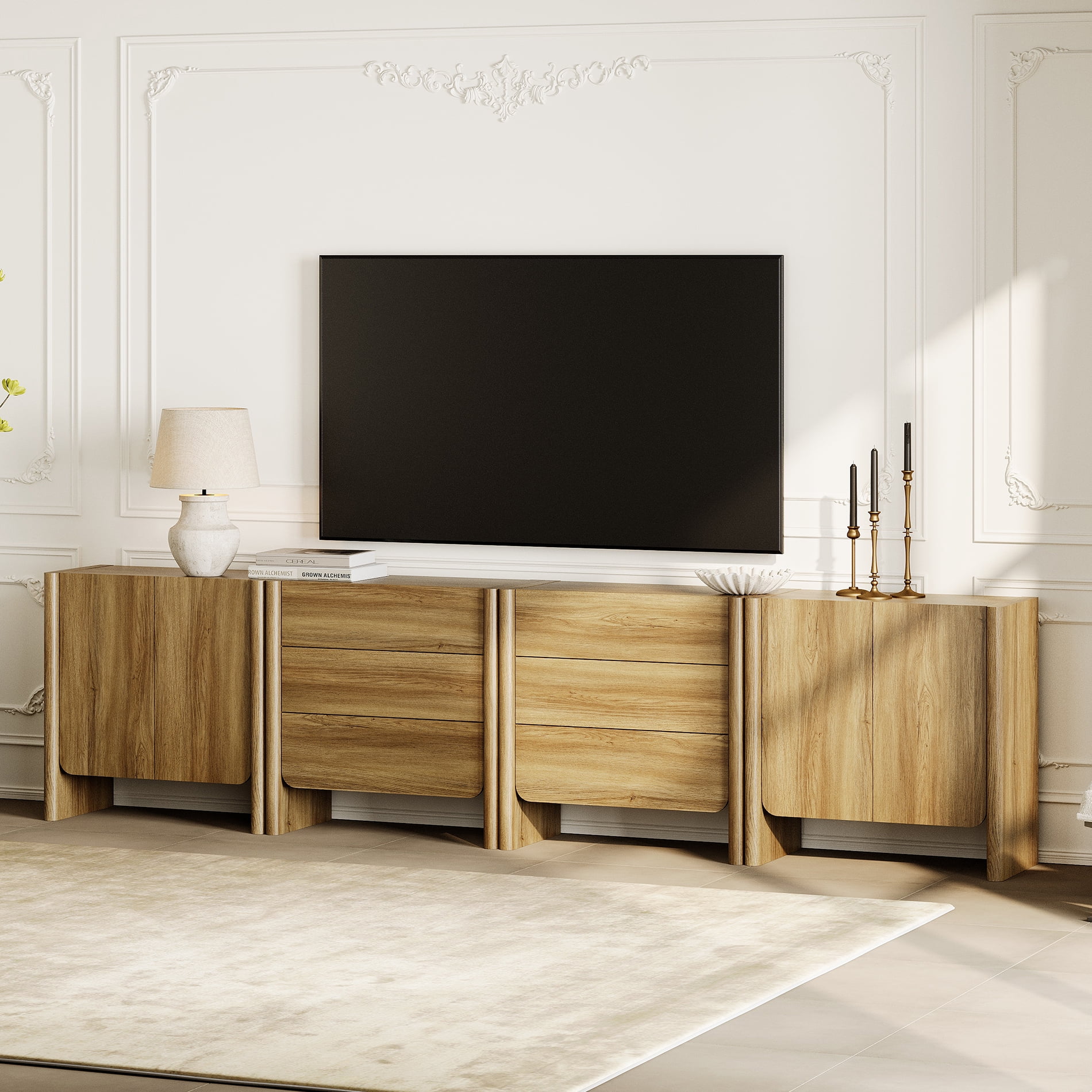 Modern French TV Stand, 126-Inch 4-Piece Media Console with 4 Doors and 6 Drawers, Supports TVs up to 130 Inches, Walnut