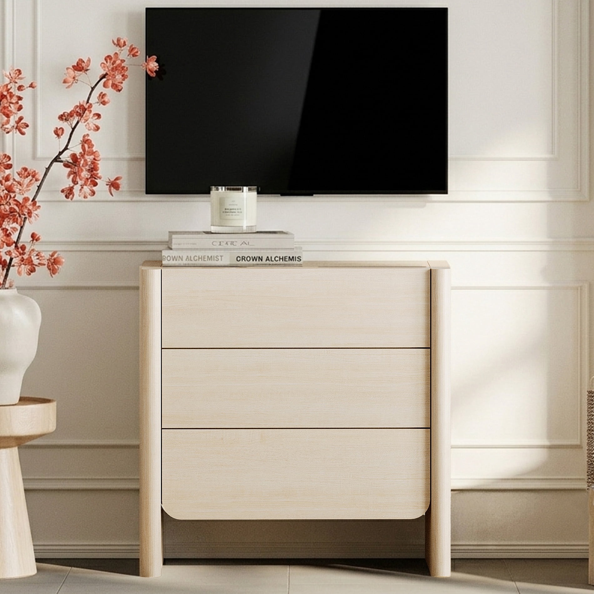 Modern French TV Stand, 31.5-Inch Media Console with 3 Push-to-Open Drawers, Supports TVs up to 36 Inches, Beige
