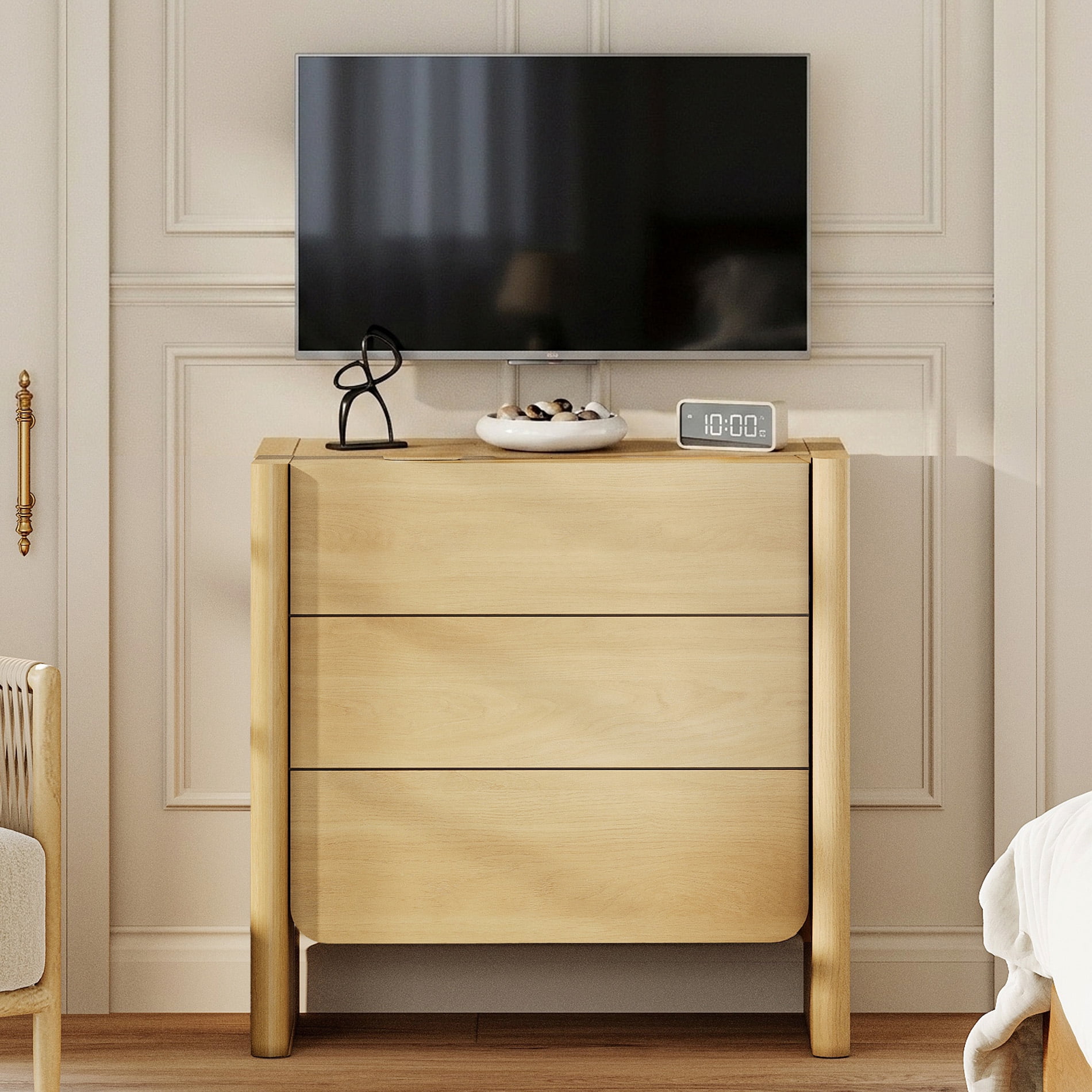 Modern French TV Stand, 31.5-Inch Media Console with 3 Push-to-Open Drawers, Supports TVs up to 36 Inches, Oak