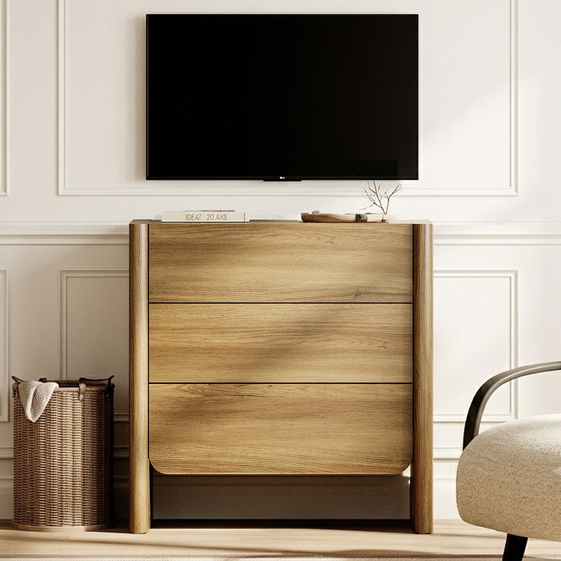 Modern French TV Stand, 31.5-Inch Media Console with 3 Push-to-Open Drawers, Supports TVs up to 36 Inches, Walnut