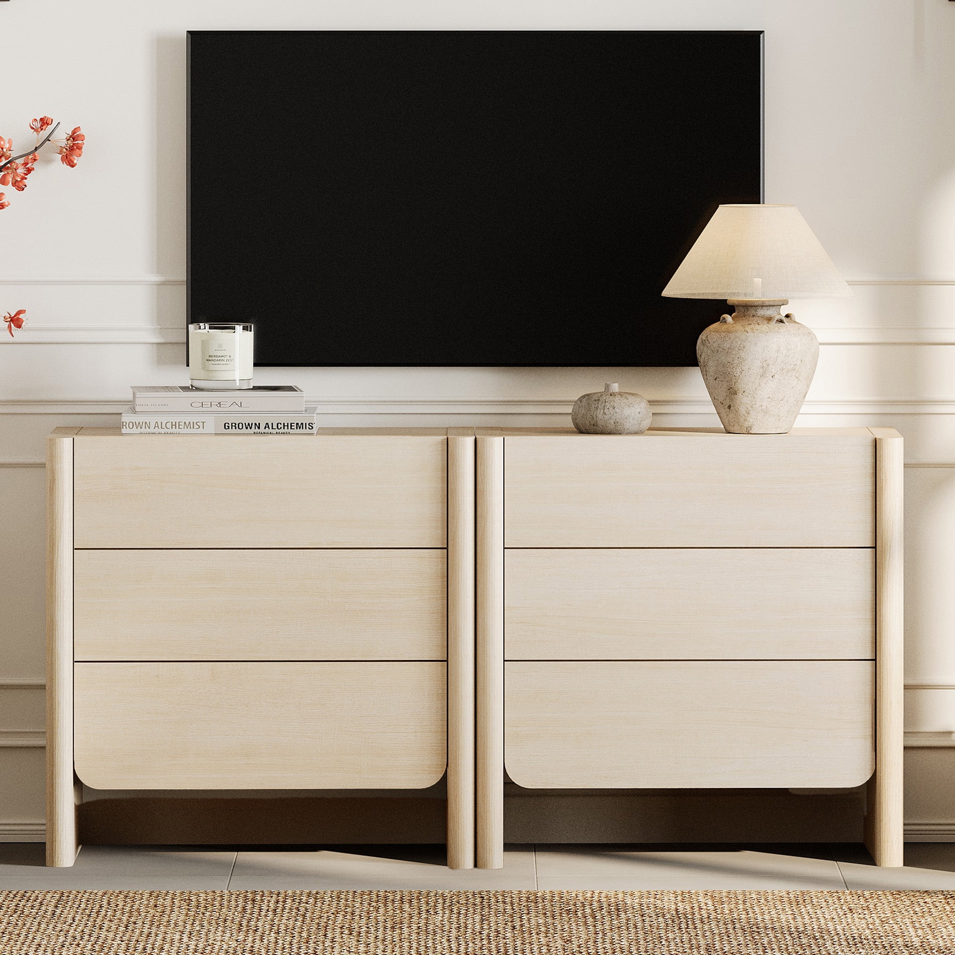 Modern French TV Stand, 63-Inch 2-Piece Media Console with 6 Push-to-Open Drawers, Supports TVs up to 70 Inches, Beige