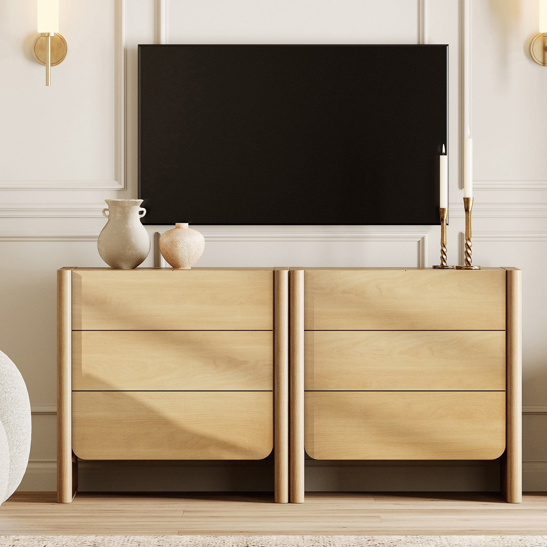 Modern French TV Stand, 63-Inch 2-Piece Media Console with 6 Push-to-Open Drawers, Supports TVs up to 70 Inches, Oak