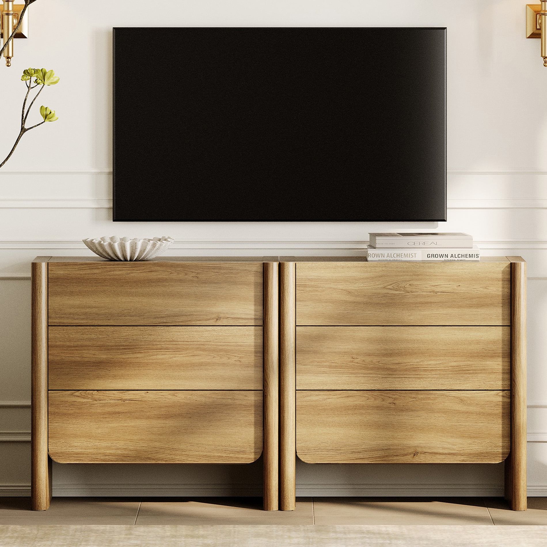 Modern French TV Stand, 63-Inch 2-Piece Media Console with 6 Push-to-Open Drawers, Supports TVs up to 70 Inches, Walnut