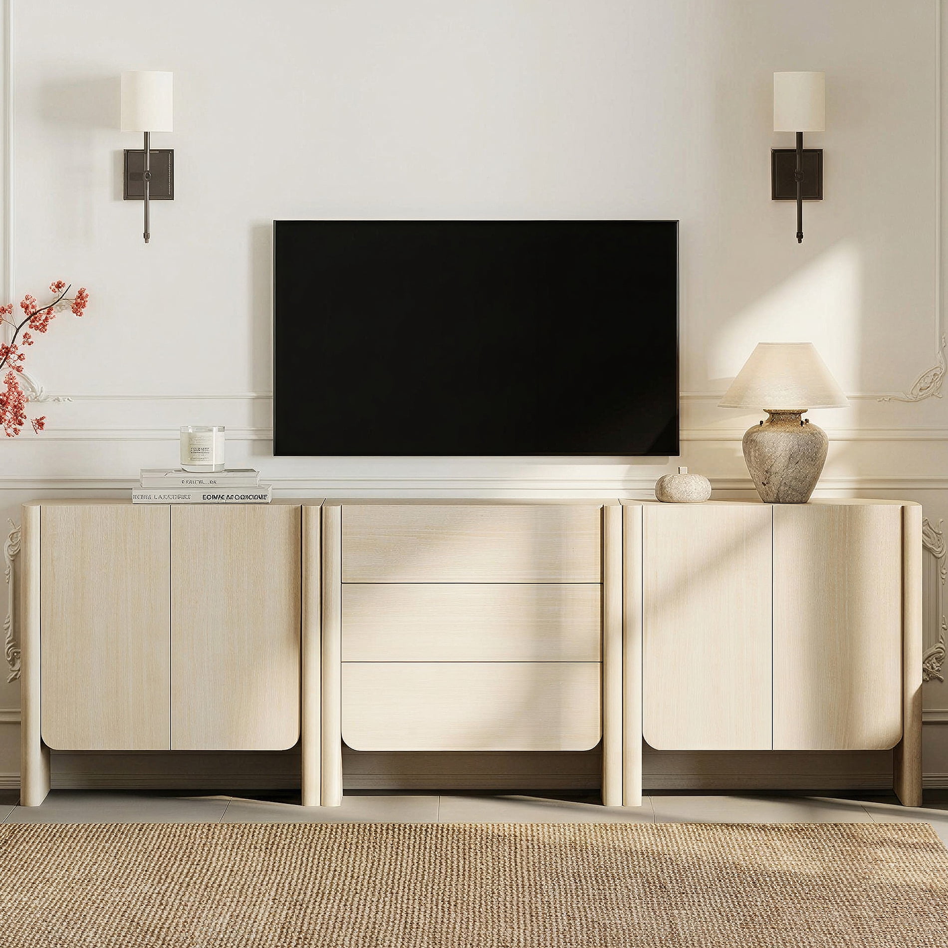 Modern French TV Stand, 94.5-Inch 3-Piece Media Console with 4 Doors and 3 Drawers, Supports TVs up to 105 Inches, Beige
