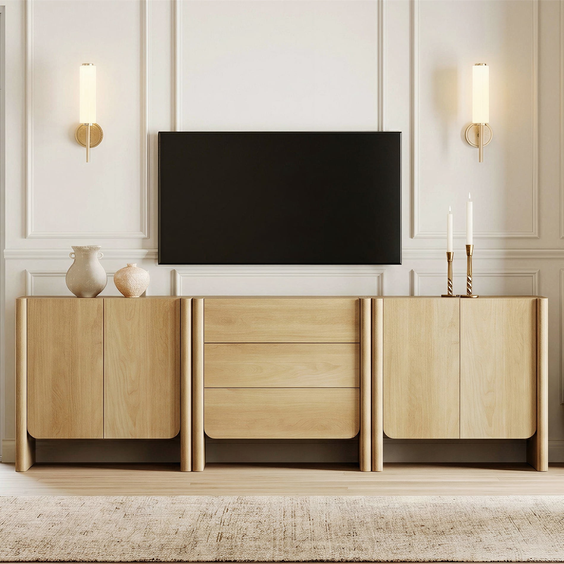 Modern French TV Stand, 94.5-Inch 3-Piece Media Console with 4 Doors and 3 Drawers, Supports TVs up to 105 Inches, Oak