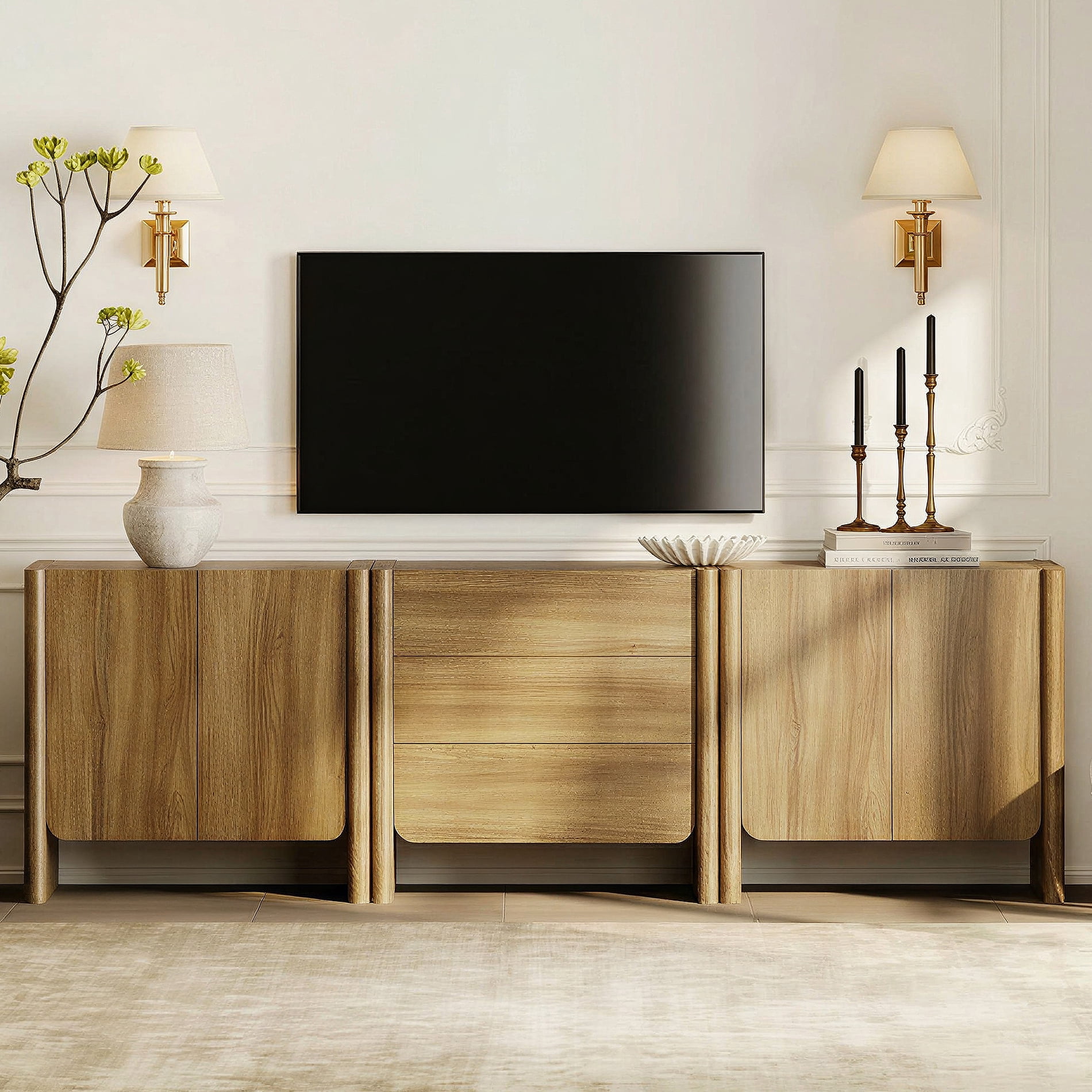 Modern French TV Stand, 94.5-Inch 3-Piece Media Console with 4 Doors and 3 Drawers, Supports TVs up to 105 Inches, Walnut