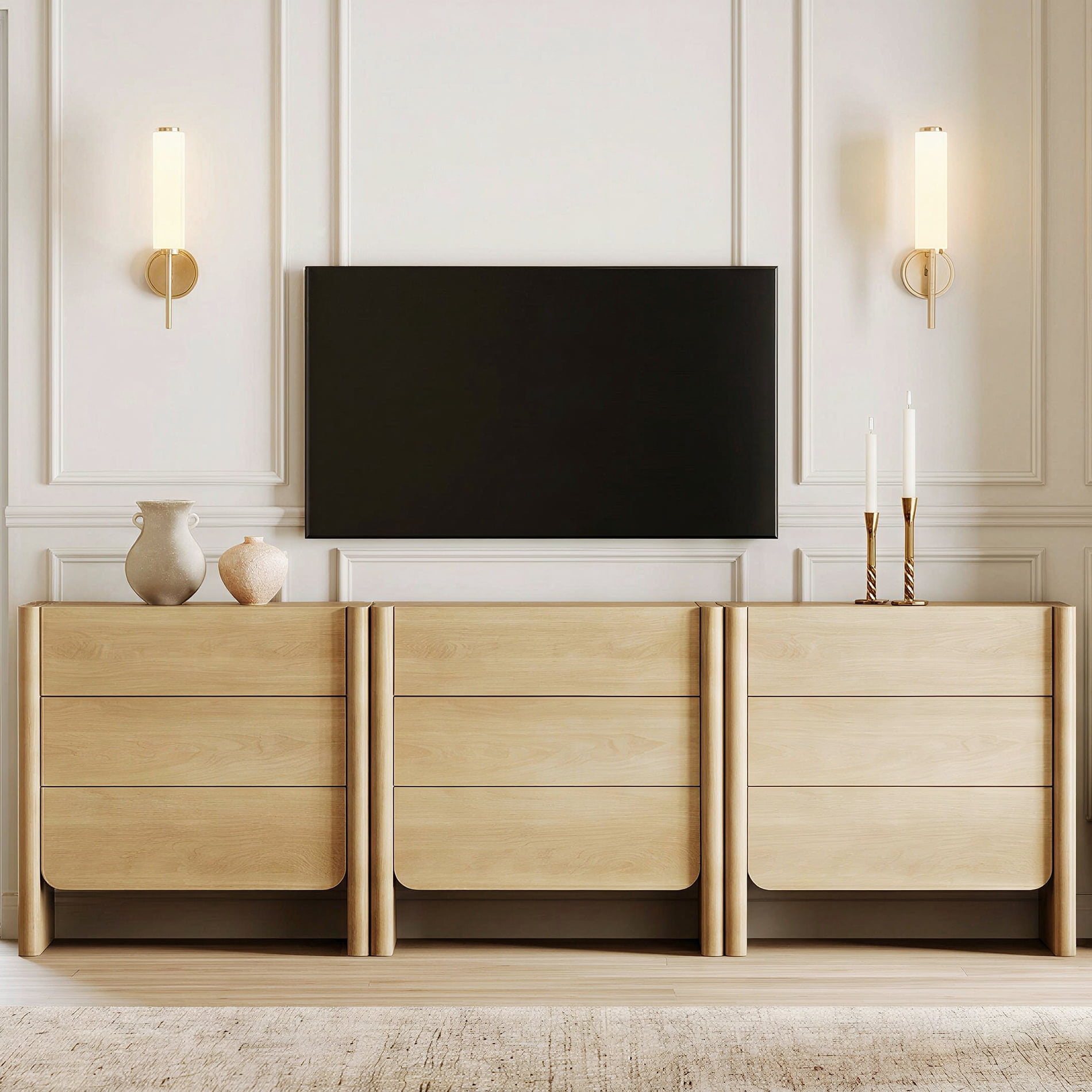 Modern French TV Stand, 94.5-Inch 3-Piece Media Console with 9 Push-to-Open Drawers, Supports TVs up to 105 Inches, Oak