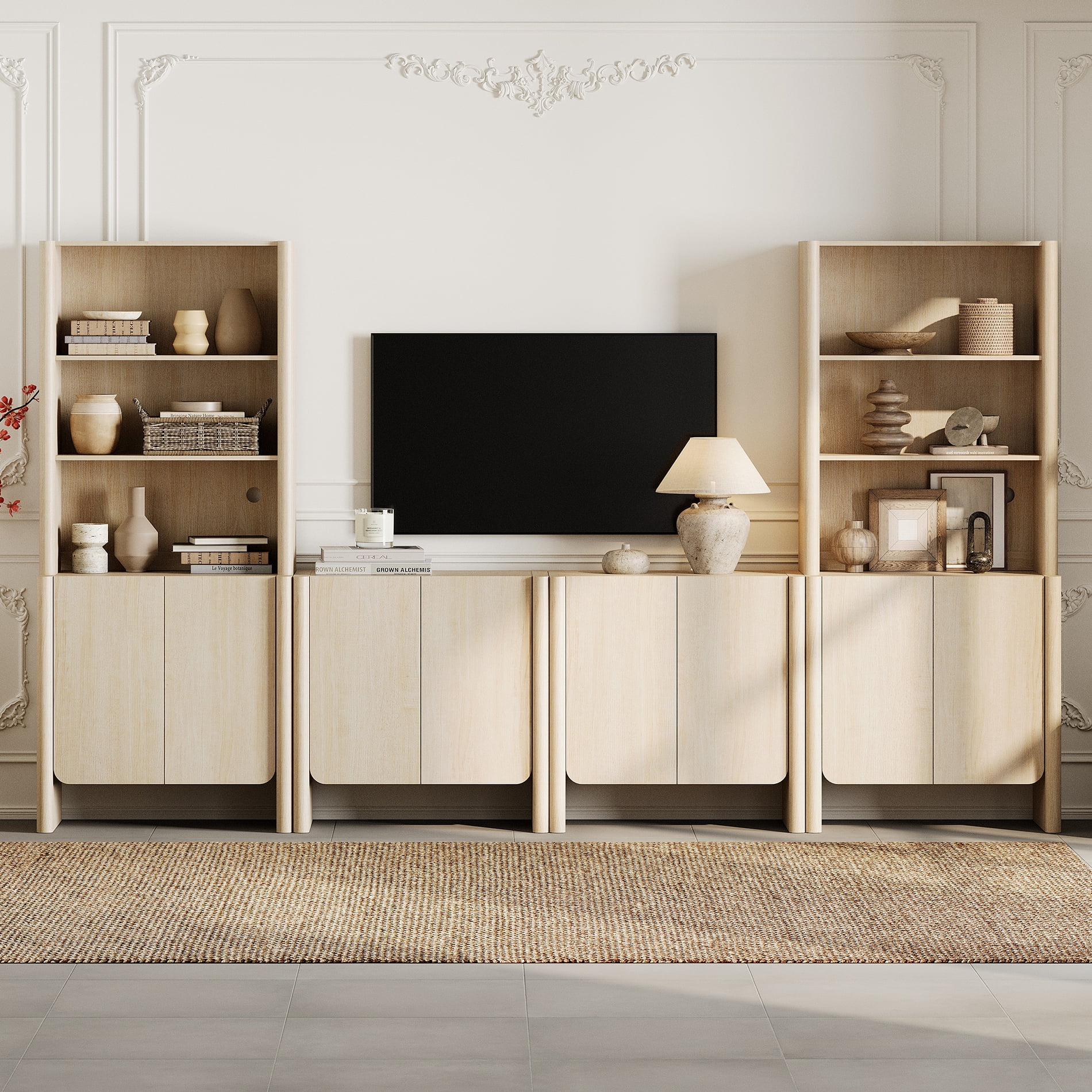 Modern French TV Stand with Bookshelves, 126-Inch Media Console, 4 Doors and Open Shelving, Supports TVs up to 70 Inches, Beige