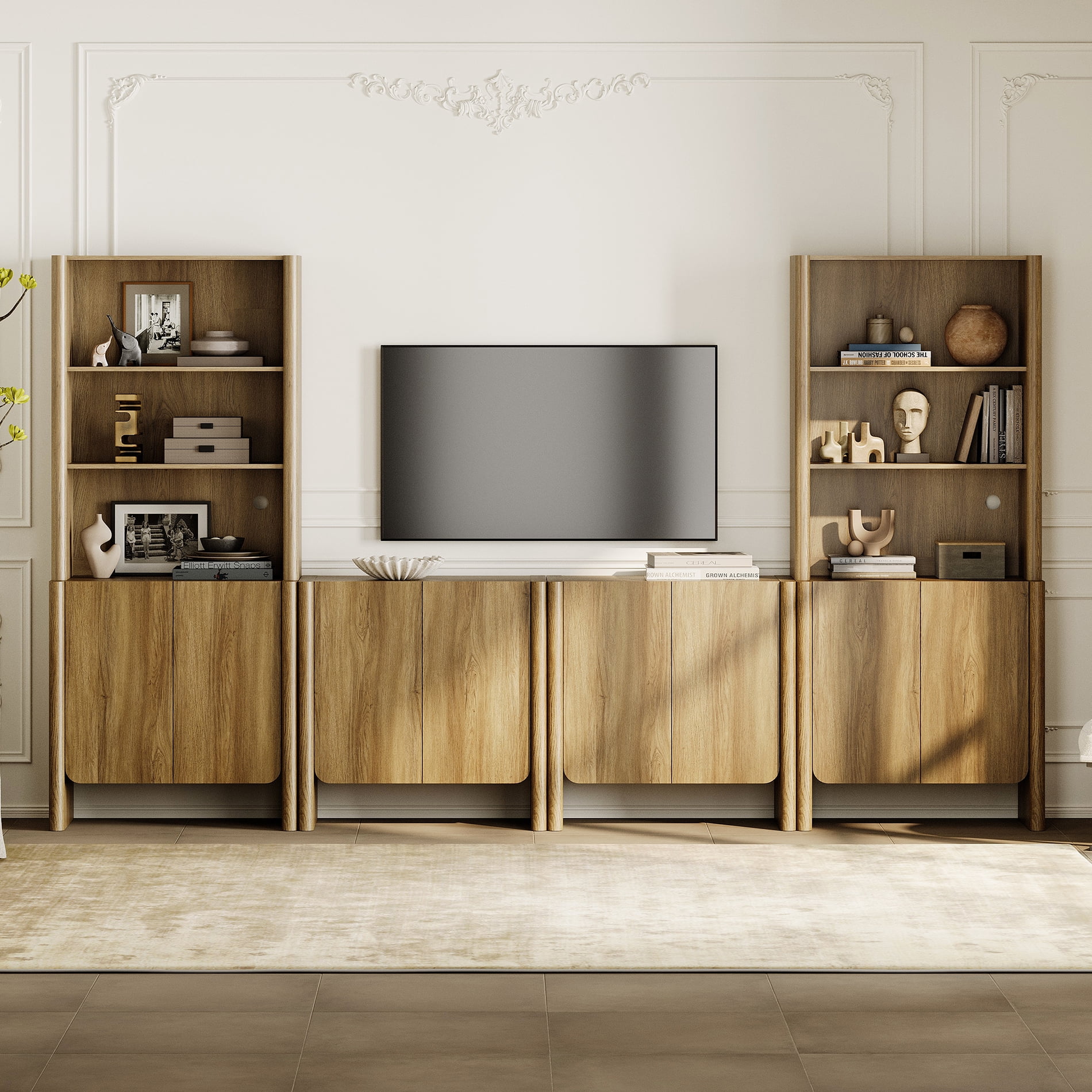 Modern French TV Stand with Bookshelves, 126-Inch Media Console, 4 Doors and Open Shelving, Supports TVs up to 70 Inches, Walnut