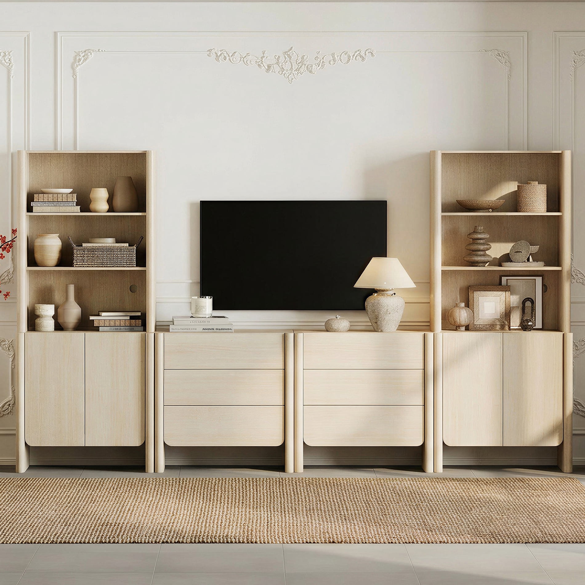 Modern French TV Stand with Bookshelves, 126-Inch Media Console, Doors, Drawers and Open Shelving, Supports TVs up to 70 Inches, Beige