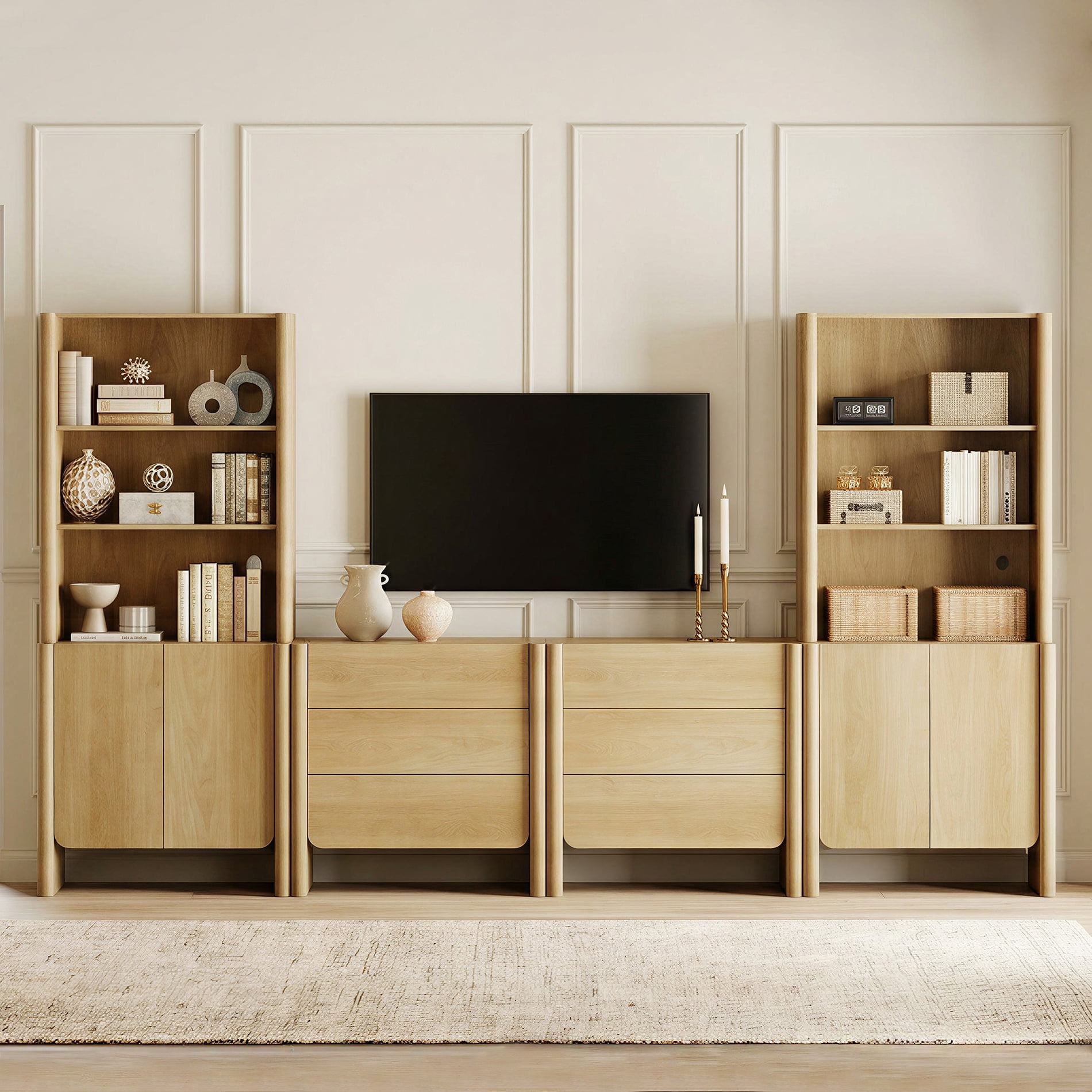 Modern French TV Stand with Bookshelves, 126-Inch Media Console, Doors, Drawers and Open Shelving, Supports TVs up to 70 Inches, Oak