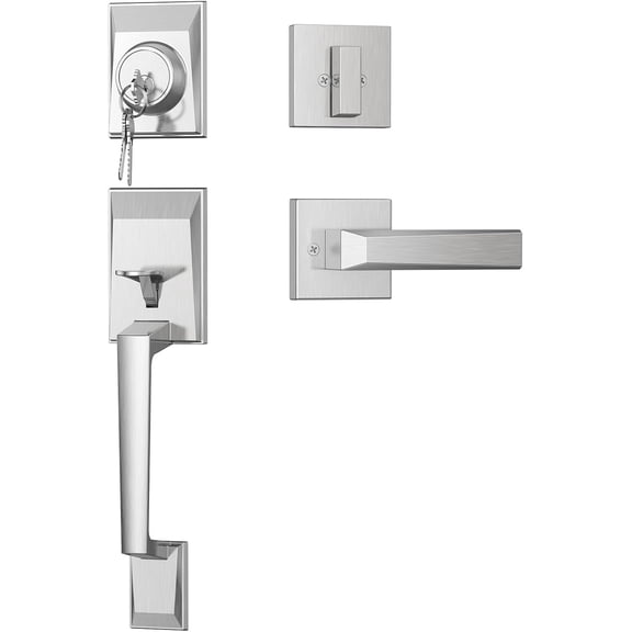 Modern Front Door Lock Set, Zinc Alloy Satin Nickel Front Door Handle Set with Deadbolt, Exterior Entry Door Lockset, Elegant Trapezoid Design Handleset