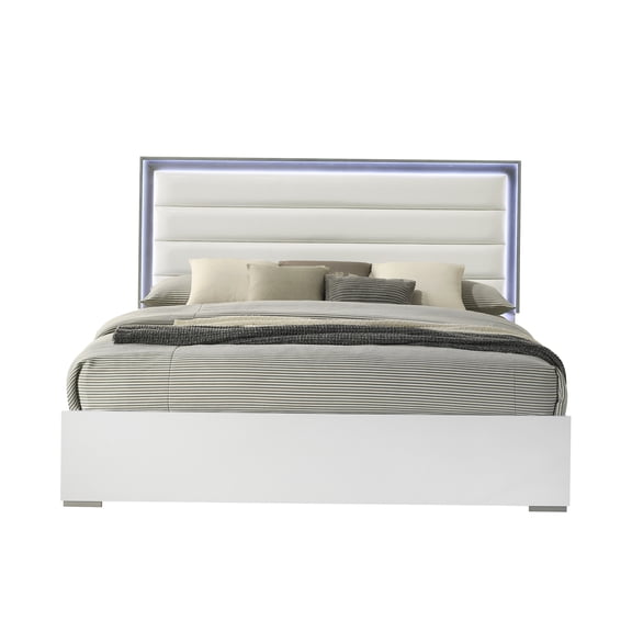 Modern Full Bed Frame with Light Up Headboard, White Upholstered Platform Bed, No Box Spring, Contemporary Bedroom Furniture