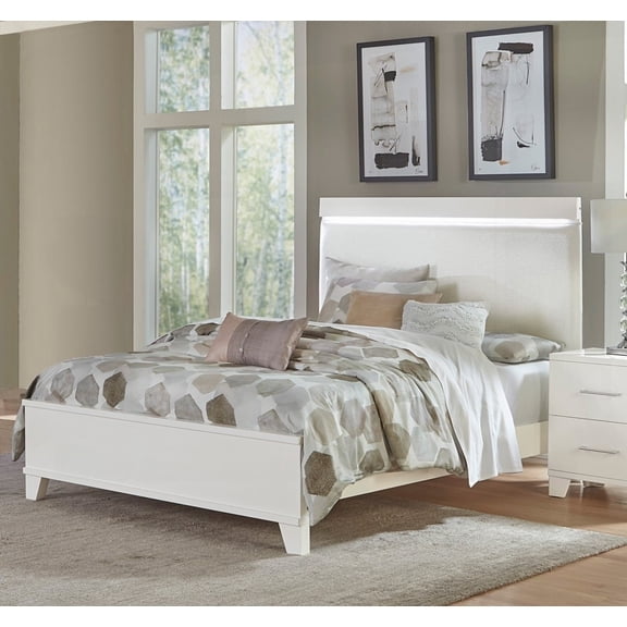 Modern Full Bed in White High Gloss Finish, Having a Faux Leather Upholstered Headboard & LED Lighting
