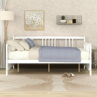 Modern Full Daybed, SYNGAR Solid Wood Full Size Daybed with Slats Support, Sofa Bed Frame for Living Room/Bedroom, Space Saving Platform Bed, No Box Spring Needed, White, D1524