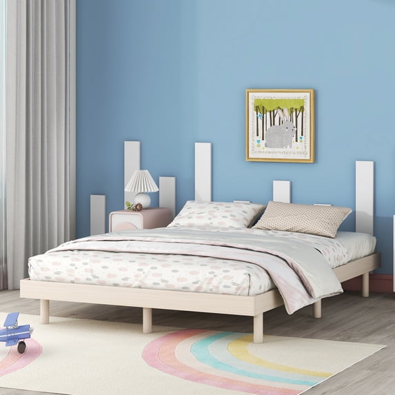 Modern Full Floating Platform Bed Frame, White Washed