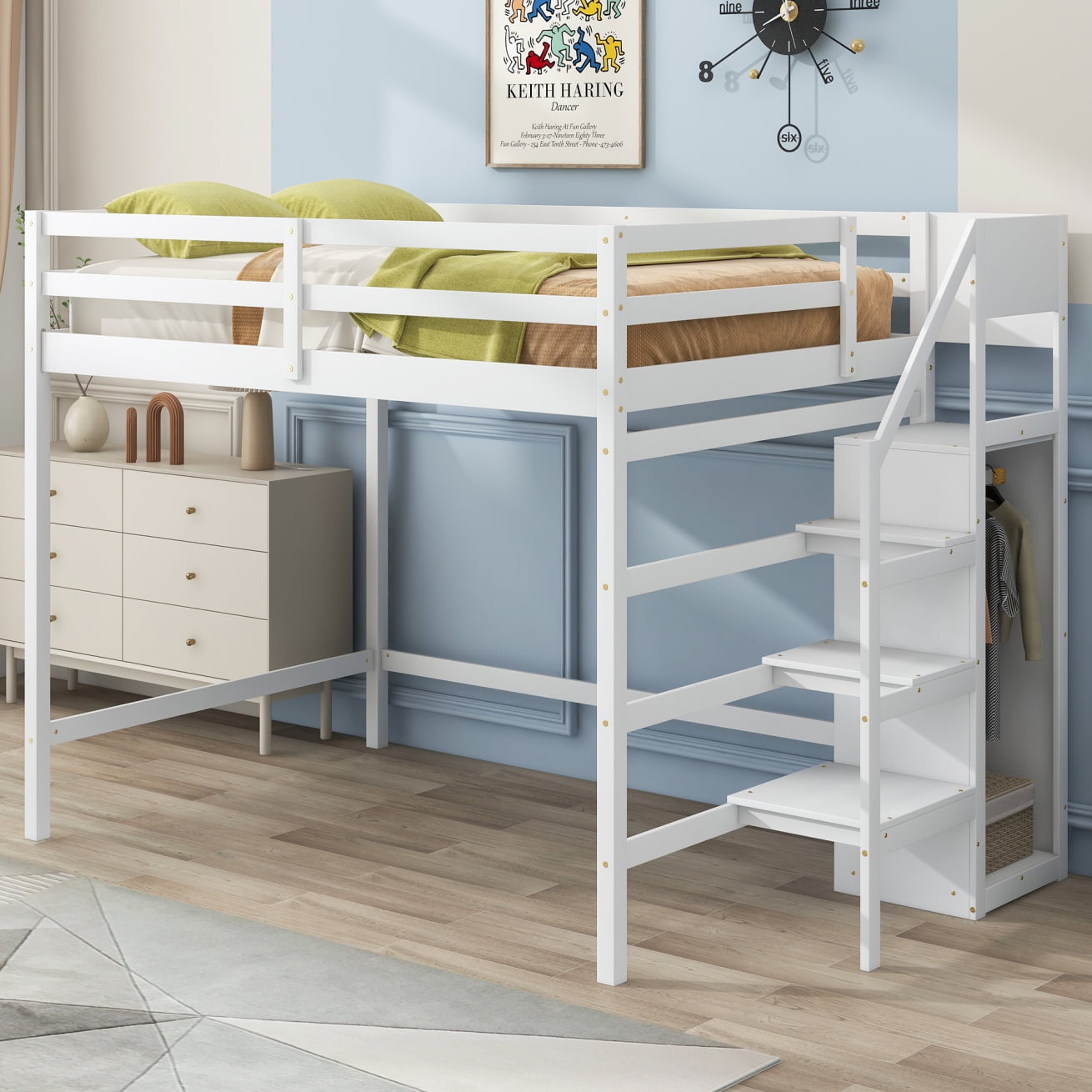 Modern Full Loft Bed with Builtin Storage Wardrobe and Staircase
