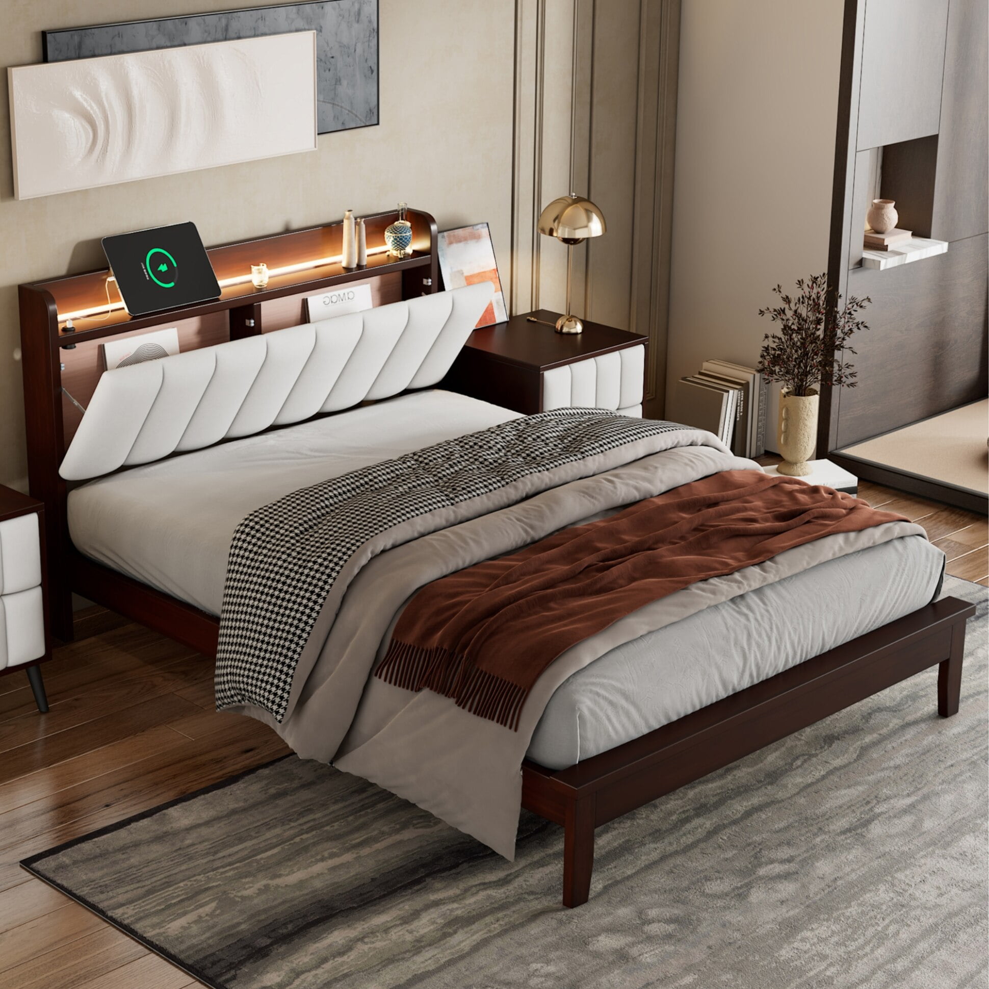 Modern Full Platform Bed with USB Ports, LED Bed Frame with Storage Headboard, Upholstered Bed