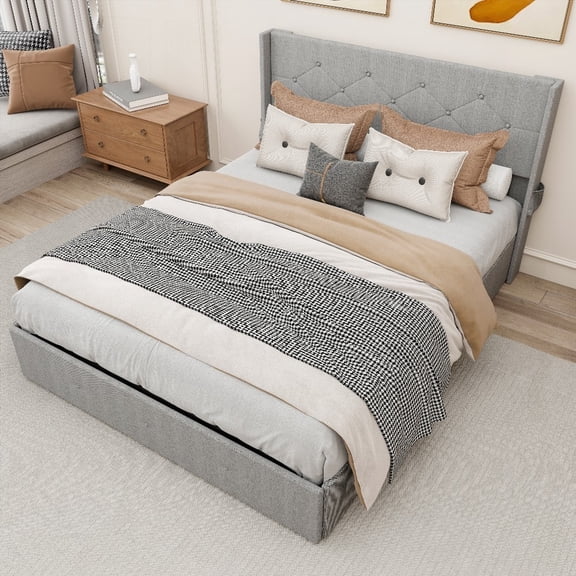 Full Size Metal Storage Bed Frame with Gas Lift and Wingback Headboard, Grey, Bedroom