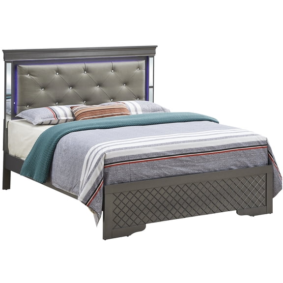 Modern Full Size Bed Frame with LED Light Headboard, Upholstered Platform Bed, No-Tool Assembly Black