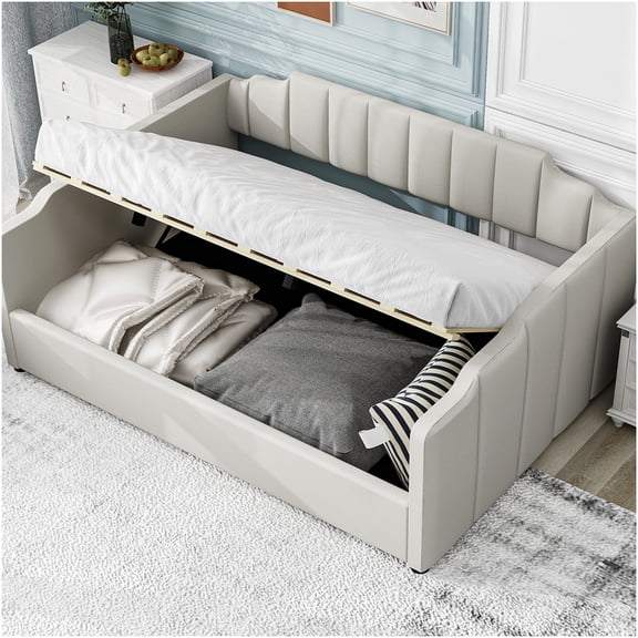 Modern Full Size Daybed with Upholstered Backrest and Storage Drawer, Convertible Sofa Bed for Small Spaces, Guest Room, Beige