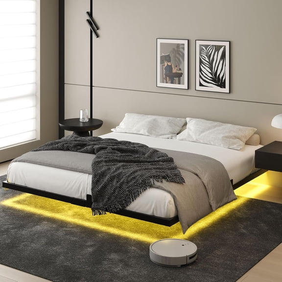 Modern Full Size Floating Bed Frame LED Light Metal Construction Noise Free Easy Assembly No Box Spring Needed