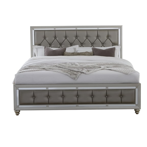 Modern Full Size Platform Bed with Upholstered Headboard & Mirror Trim, Silver Gray Bed Frame, No Box Spring Required