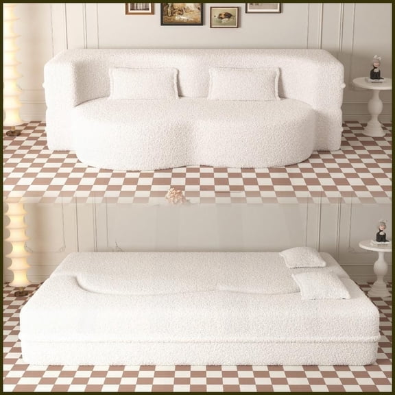 Modern Full Size Teddy Fabric Convertible Sleeper Sofa Bed with 2 Pillows - Beige, No Assembly for Living Room Guest Room