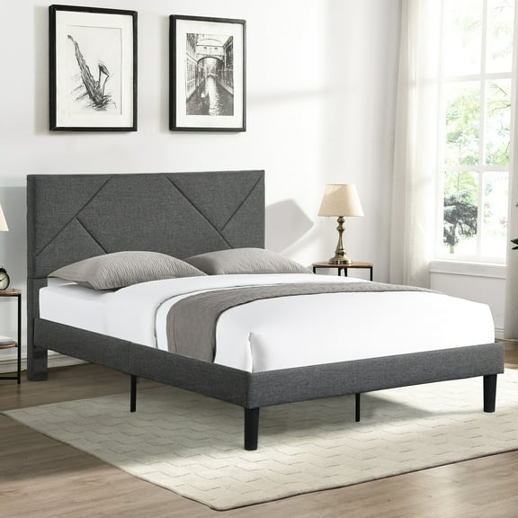 Modern Full Size Upholstered Bed With Headboard And Mattress Foundation, Strong Wood Slat Support, Gray, No Box Spring Needed, Easy Assembly, 500 Pound Load Capacity Restraint Limit Gray Frame
