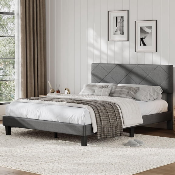 Modern Full Size Upholstered Platform Bed Frame - Sturdy Wooden Slats, Diamond Quilted Padded Headboard - Noise-Free, Easy Assembly