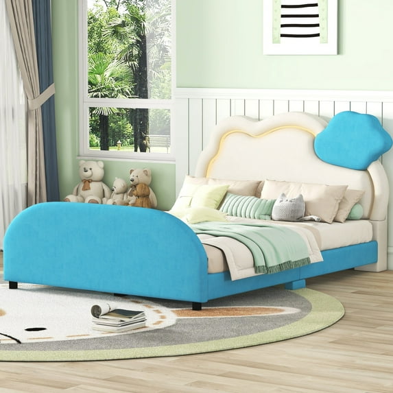 Modern Full Size Velvet Fabric Platform Bed with Cloud-Shaped Headboard and Embedded Light Stripe, Upholstered Platform Bed with Wood Frame, Blue