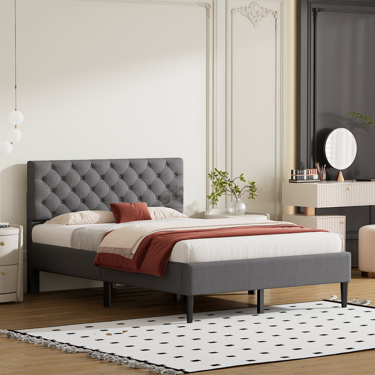 Modern Full Upholstered Linen Platform Bed with Solid Wood Frame, House