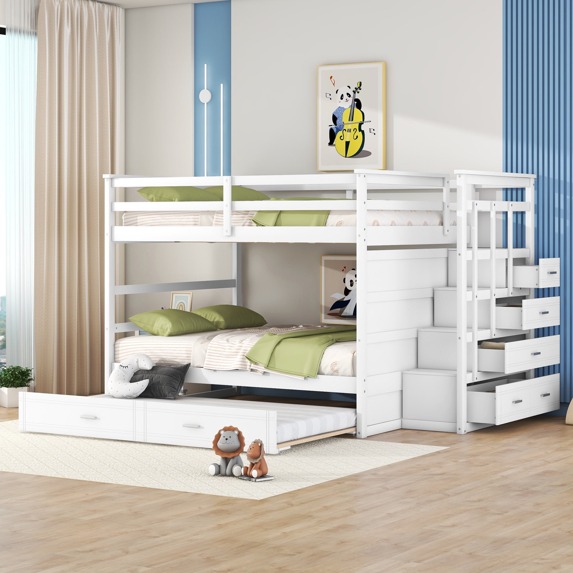 Modern Full over Full Wooden Bunk Bed with Trundle and Staircase, Bunk