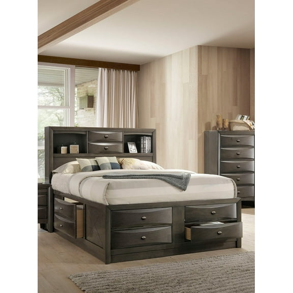 Modern Functional Storage 1pc Eastern King Size Bed Bookcase Headboard Footboard Drawers Gray Solidwood Bedroom Furniture