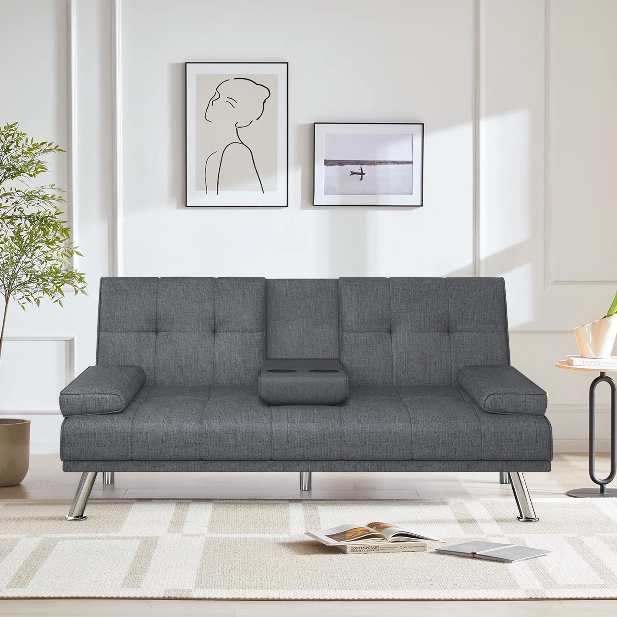 Modern Futon Convertible Sofa Bed with Adjustable Back with Cupholders
