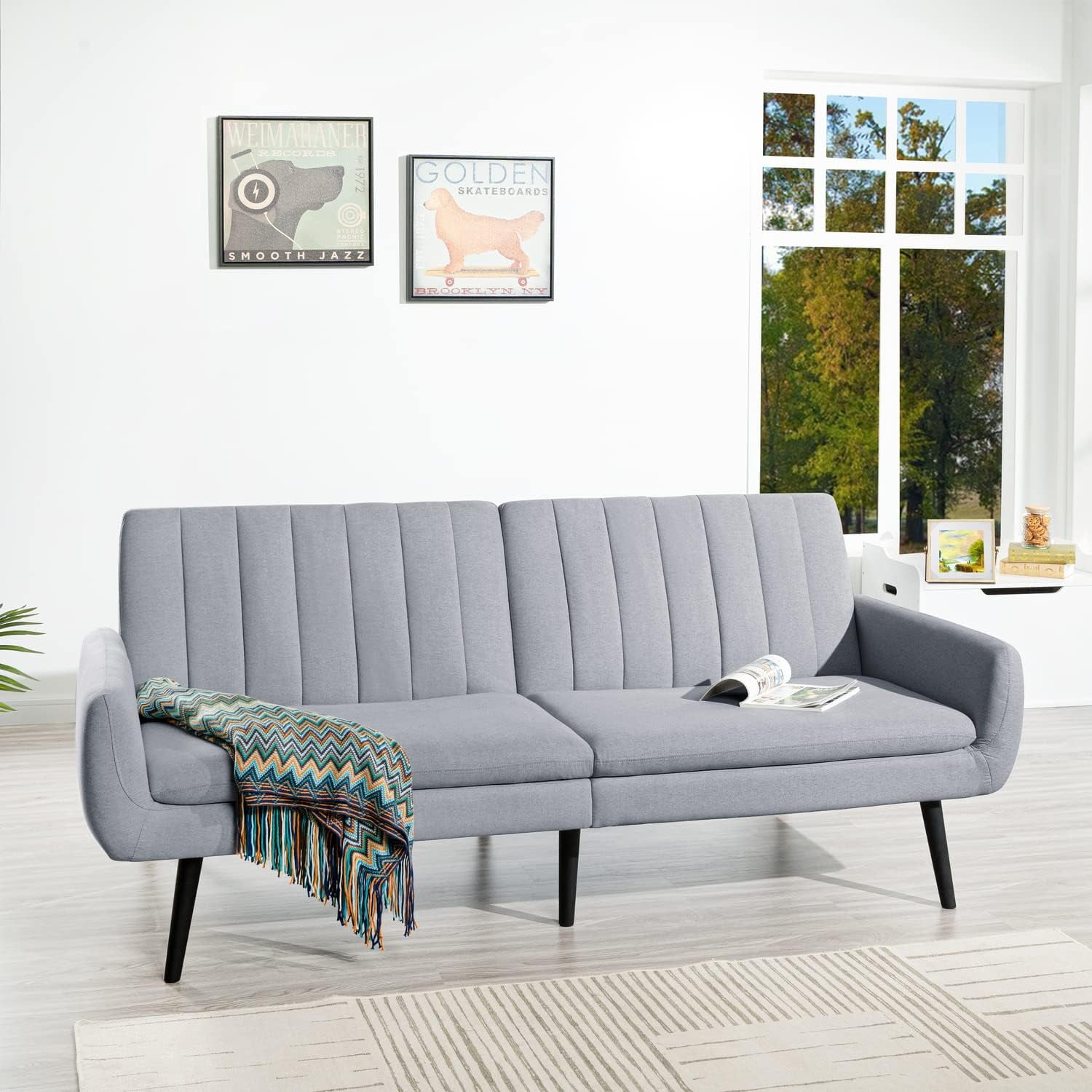 Modern Futon Sofa Bed, Convertible Sofa Futon, Split Back Linen Sleeper