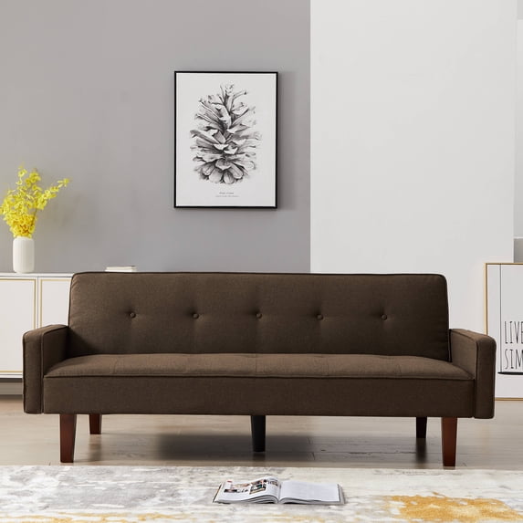 Modern Futon Sofa Bed, Linen Fabric Sleeper Sofa, Convertible Reclining Upholstered Couch Bed with 5 Wood Legs and Armrest, Foldable Couch Sofa Bed for Living Room, Office, Apartment, B1036